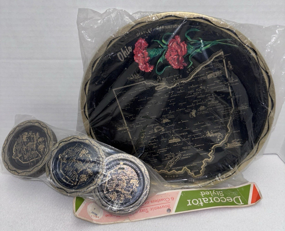 Vtg Ohio 11" Round Tray & 6 Coasters Scarlet Carnation Metal Souvenir NOS